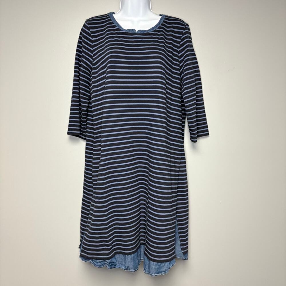 J. Jill Mixed Media Blue Striped 3/4 Sleeve Denim Shirttail Dress‎ Womens Sz L